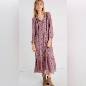 Madewell Long-Sleeve Boho Tiered Midi Dress in Branch Floral Smoky Lilac. ZB9